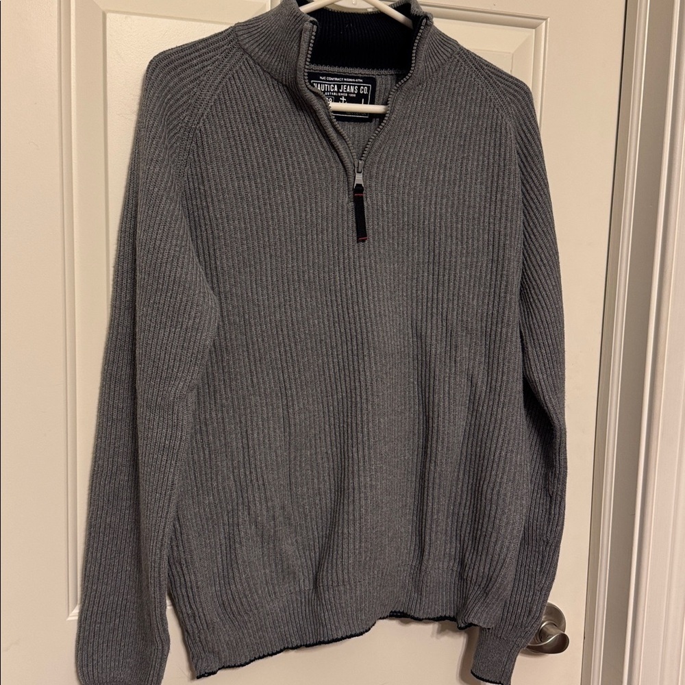 Y2K Nautica Jeans Mens Preppy Sailing Mall Gray 1/4 Zip Pullover Sweater Sz. Lg